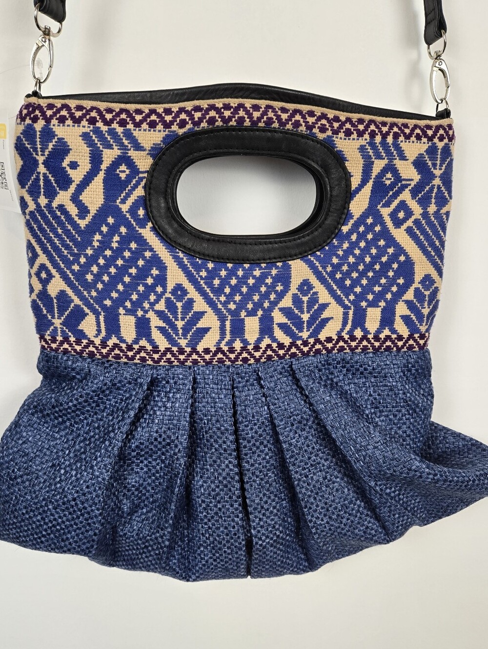 Boho Blue Woven Pleated Handbag with Interesting Patterned Top